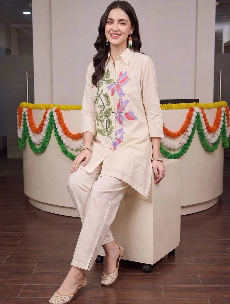 women floral printed regular cotton kurta with trousers
