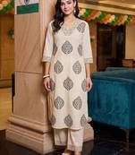 women ethnic motifs embroidered regular thread work cotton kurta with trousers
