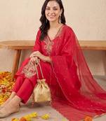 women ethnic motifs embroidered regular liva kurta with trousers & with dupatta