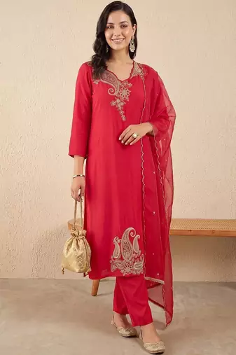 women ethnic motifs embroidered regular liva kurta with trousers & with dupatta