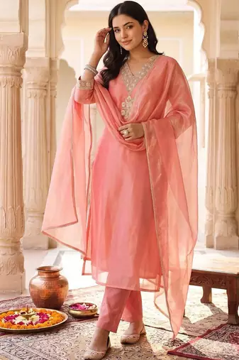 women ethnic motifs embroidered regular thread work kurta with trousers & with dupatta