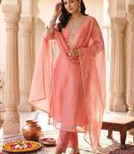 women ethnic motifs embroidered regular thread work kurta with trousers & with dupatta