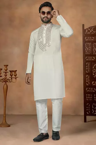 Off white premium silk embroidered kurta pajama