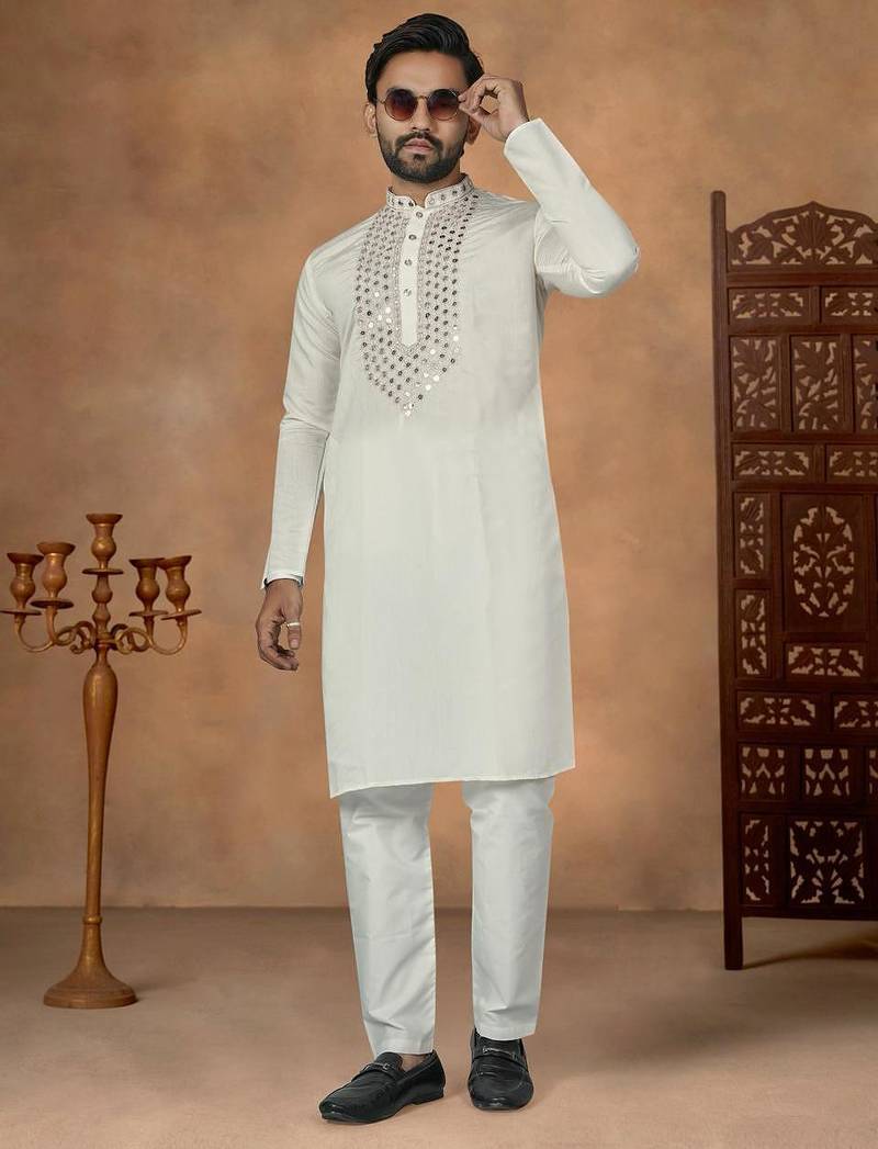 Off white premium silk embroidered kurta pajama