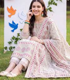 women ethnic motifs printed regular cotton kurta with trousers & with dupatta