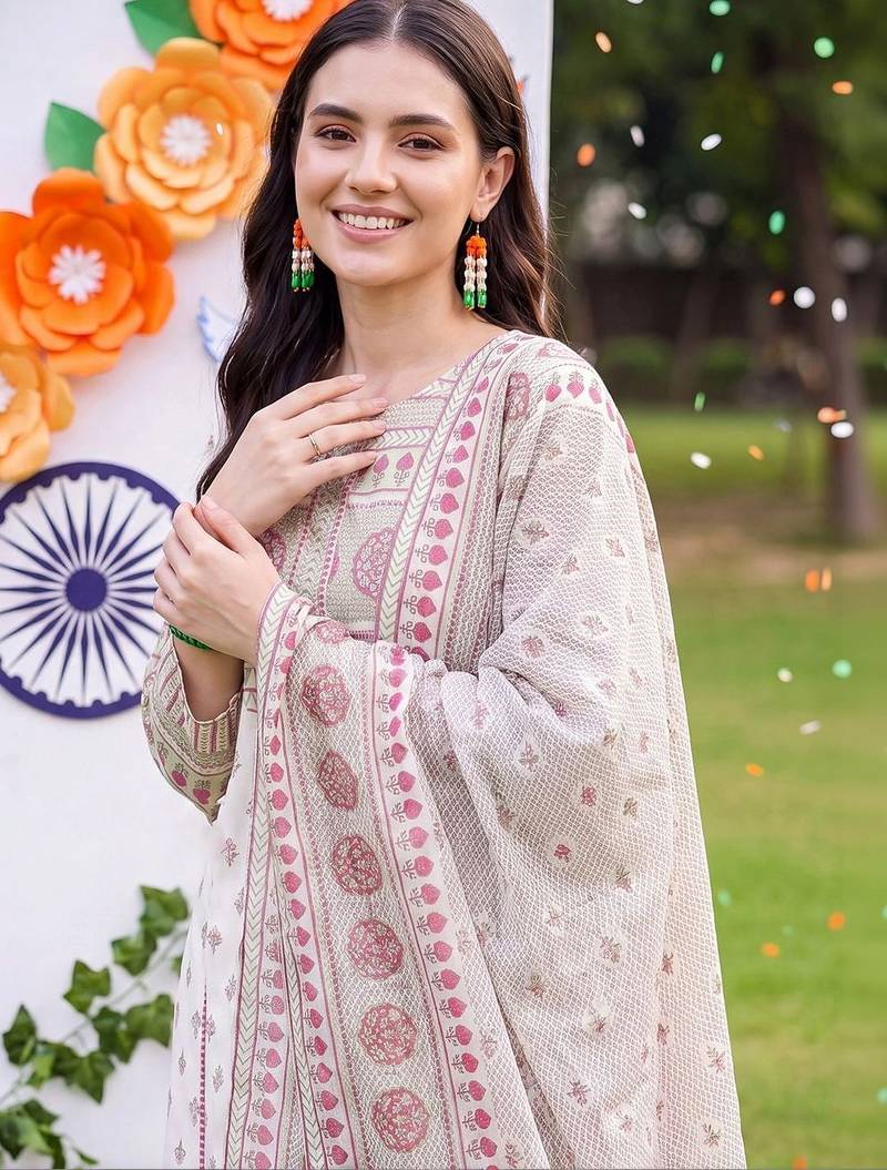 women ethnic motifs printed regular cotton kurta with trousers & with dupatta