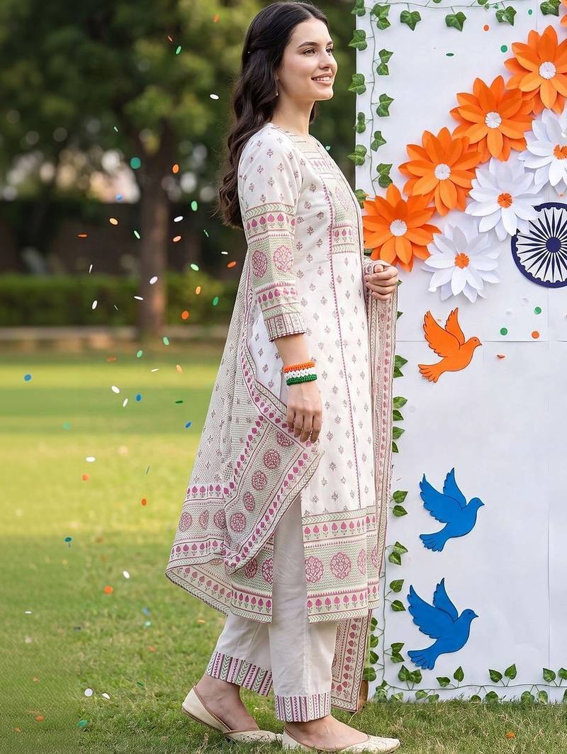 women ethnic motifs printed regular cotton kurta with trousers & with dupatta