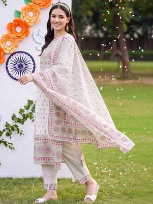 women ethnic motifs printed regular cotton kurta with trousers & with dupatta 5