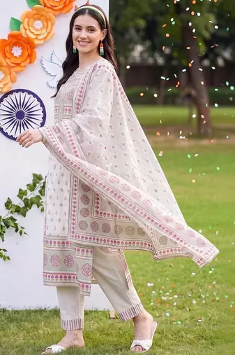 women ethnic motifs printed regular cotton kurta with trousers & with dupatta