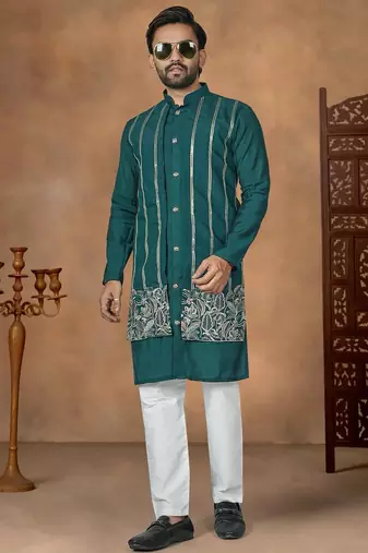 Teal premium silk embroidered kurta pajama