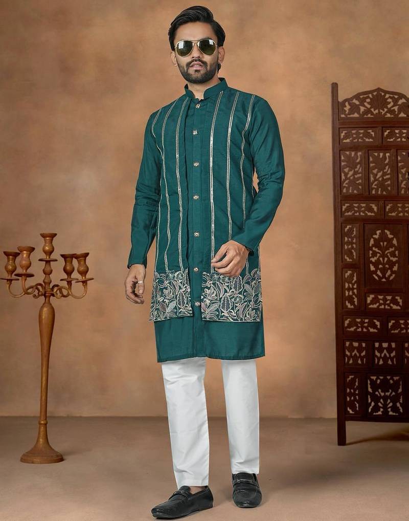 Teal premium silk embroidered kurta pajama