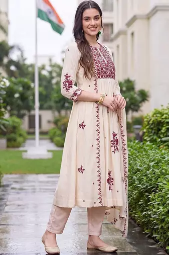 women ethnic motifs embroidered empire thread work kurta with trousers & with dupatta
