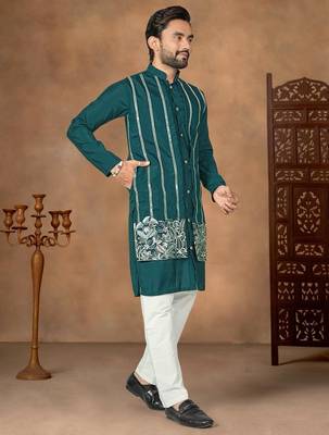 Teal premium silk embroidered kurta pajama 2