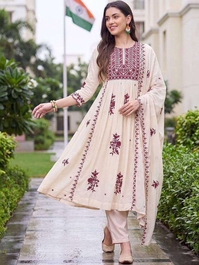 women ethnic motifs embroidered empire thread work kurta with trousers & with dupatta