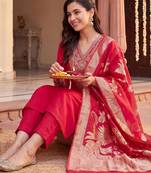 women ethnic motifs embroidered regular kurta with trousers & with dupatta