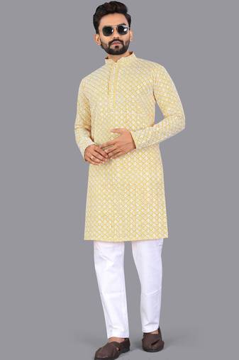 Mustard rayon chikankari lucknowi schifli work kurta pajama