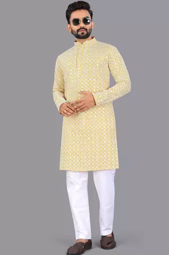 Mustard rayon chikankari lucknowi schifli work kurta pajama
