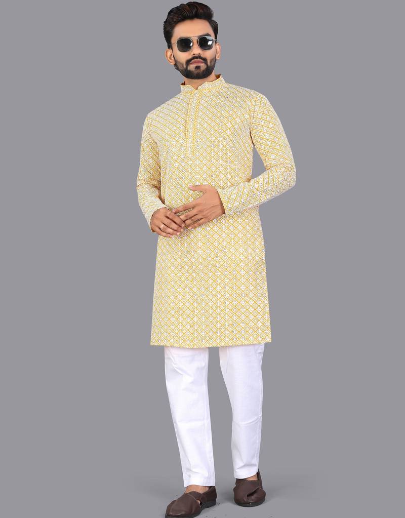 Mustard rayon chikankari lucknowi schifli work kurta pajama