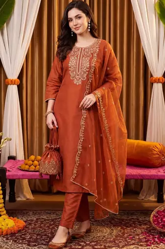 women ethnic motifs embroidered regular thread work liva kurta with trousers & with dupatta