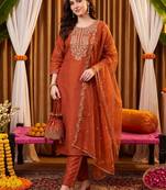 women ethnic motifs embroidered regular thread work liva kurta with trousers & with dupatta