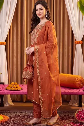 women ethnic motifs embroidered regular thread work liva kurta with trousers & with dupatta