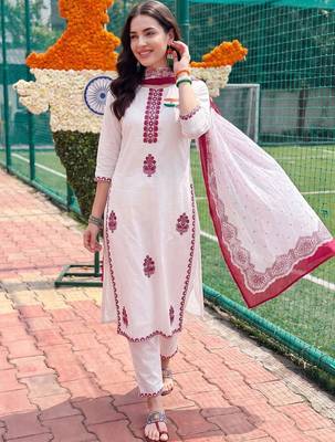 women ethnic motifs embroidered regular thread work cotton kurta with trousers & with dupatta 1