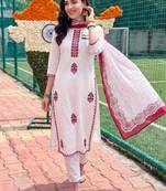 women ethnic motifs embroidered regular thread work cotton kurta with trousers & with dupatta