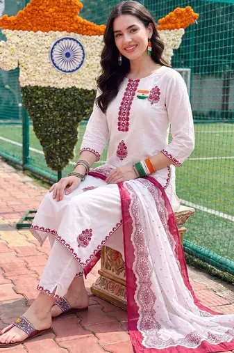 women ethnic motifs embroidered regular thread work cotton kurta with trousers & with dupatta