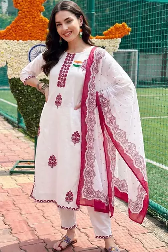women ethnic motifs embroidered regular thread work cotton kurta with trousers & with dupatta