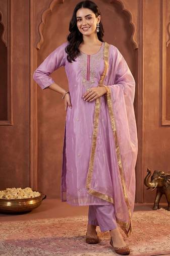 women ethnic motifs embroidered regular thread work kurta with trousers & with dupatta