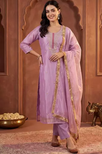women ethnic motifs embroidered regular thread work kurta with trousers & with dupatta