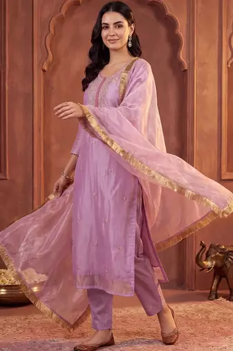 women ethnic motifs embroidered regular thread work kurta with trousers & with dupatta