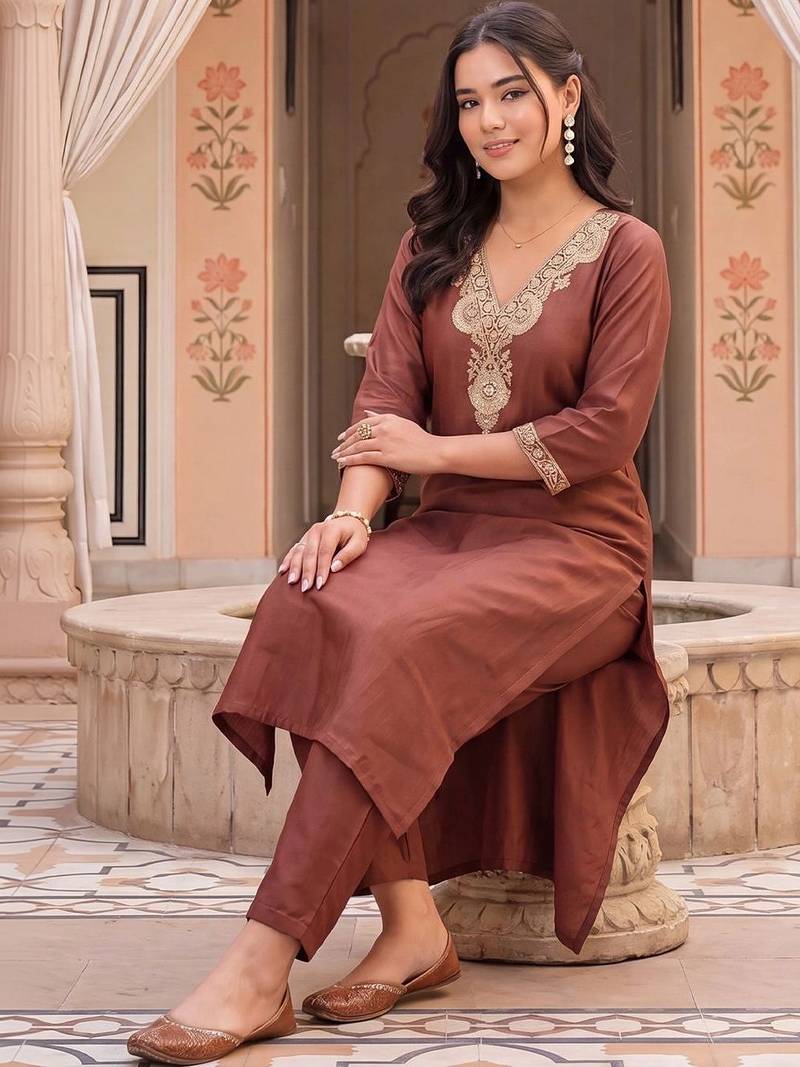 women ethnic motifs embroidered regular kurta with trousers