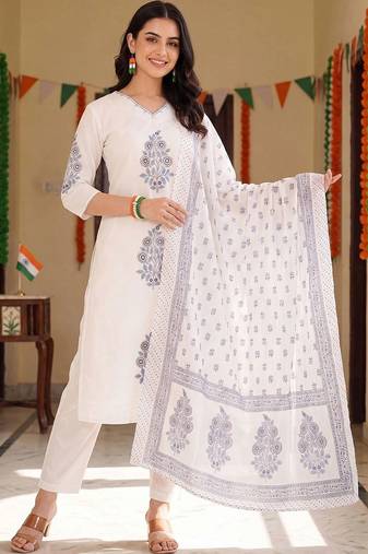 women floral printed regular cotton kurta with trousers & with dupatta