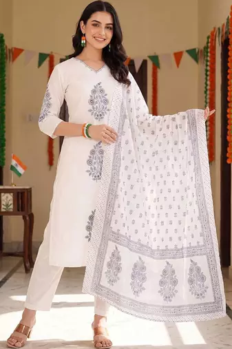 women floral printed regular cotton kurta with trousers & with dupatta