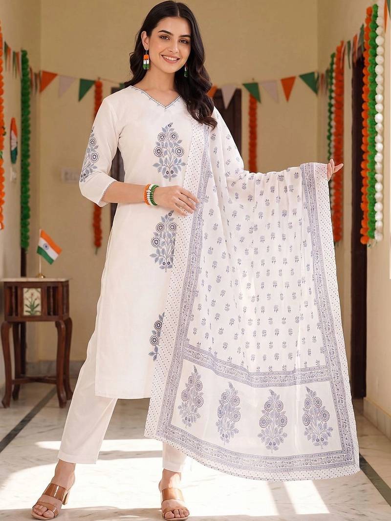 women floral printed regular cotton kurta with trousers & with dupatta