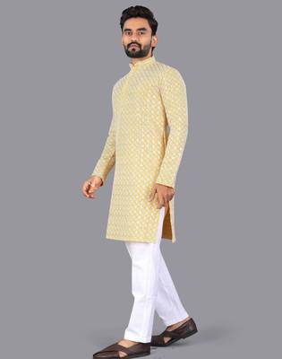 Mustard rayon chikankari lucknowi schifli work kurta pajama 2