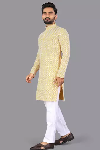 Mustard rayon chikankari lucknowi schifli work kurta pajama