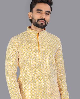 Mustard rayon chikankari lucknowi schifli work kurta pajama 3