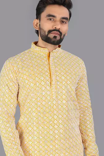Mustard rayon chikankari lucknowi schifli work kurta pajama