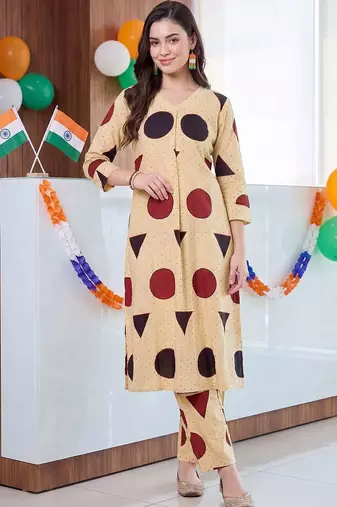 women printed regular cotton kurta with trousers