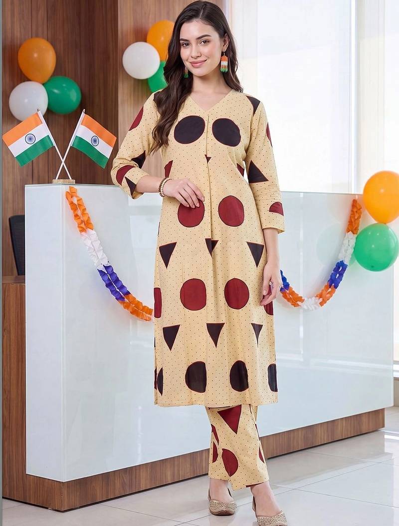 women printed regular cotton kurta with trousers