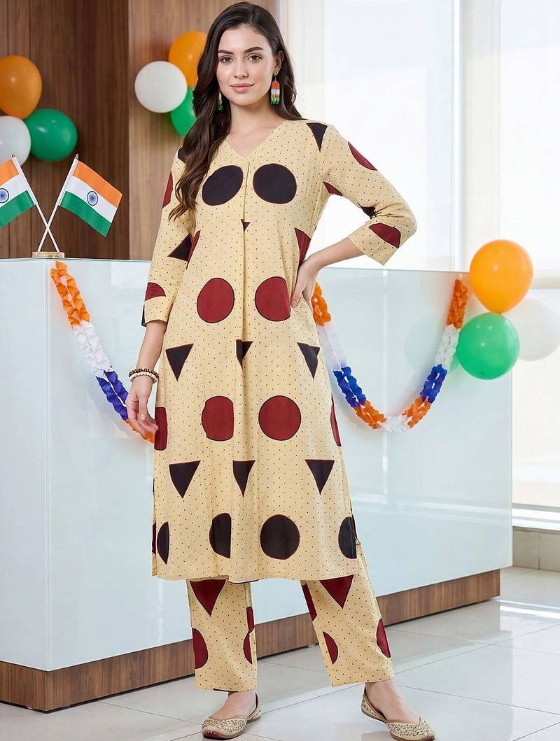 women printed regular cotton kurta with trousers