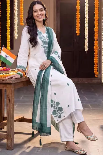 women floral embroidered regular thread work cotton kurta with trousers & with dupatta