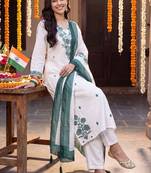 women floral embroidered regular thread work cotton kurta with trousers & with dupatta