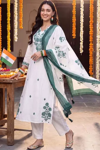 women floral embroidered regular thread work cotton kurta with trousers & with dupatta