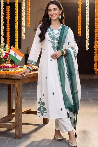women floral embroidered regular thread work cotton kurta with trousers & with dupatta