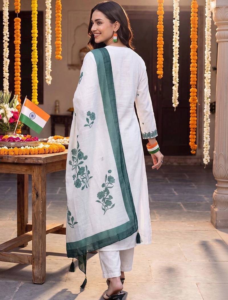 women floral embroidered regular thread work cotton kurta with trousers & with dupatta