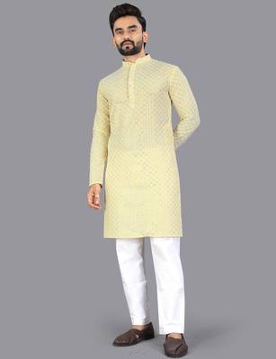 Yellow rayon chikankari lucknowi schifli work kurta pajama 1
