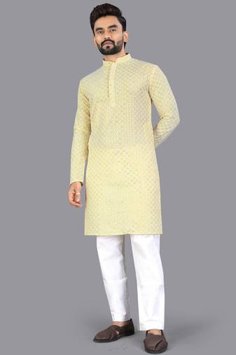 Yellow rayon chikankari lucknowi schifli work kurta pajama
